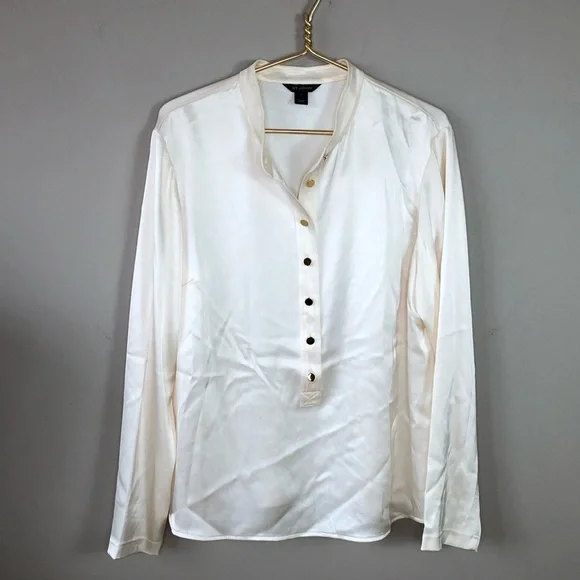 St John Ivory Satin Gold Button Long Sleeve Blouse 16 - Picture 1 of 9